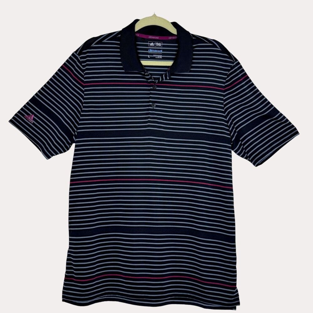 Adidas ClimaCool Mens Polo Shirt Top Stripe Black Smoke Blue L - Picture 2 of 8